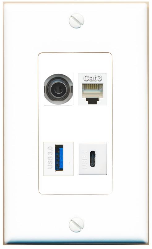RiteAV 3.5mm PHONE USB-3 USBC Wall Plate [White]