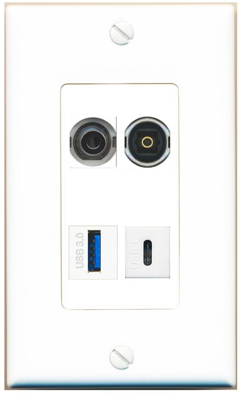 RiteAV 3.5mm TOSLINK USB-3 USBC Wall Plate [White]