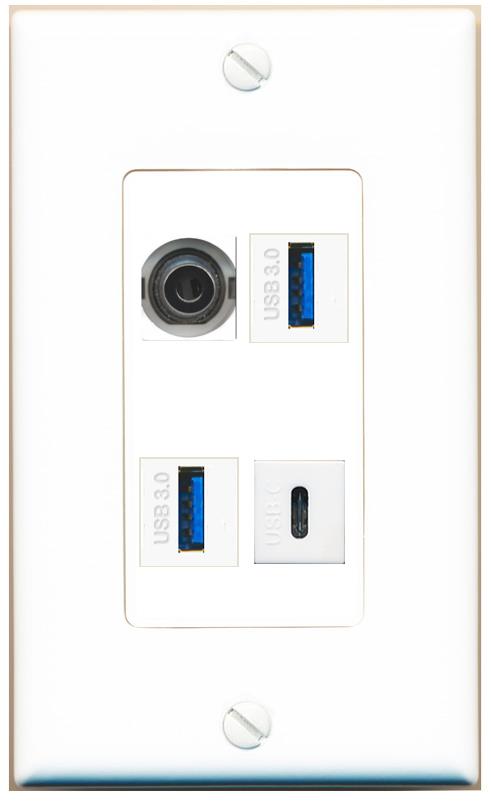 RiteAV 3.5mm 2 USB-3 USBC Wall Plate [White]