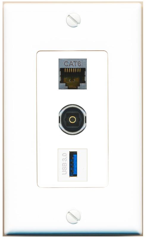 CAT6-SHIELDED TOSLINK USB-3 Wall Plate [White]