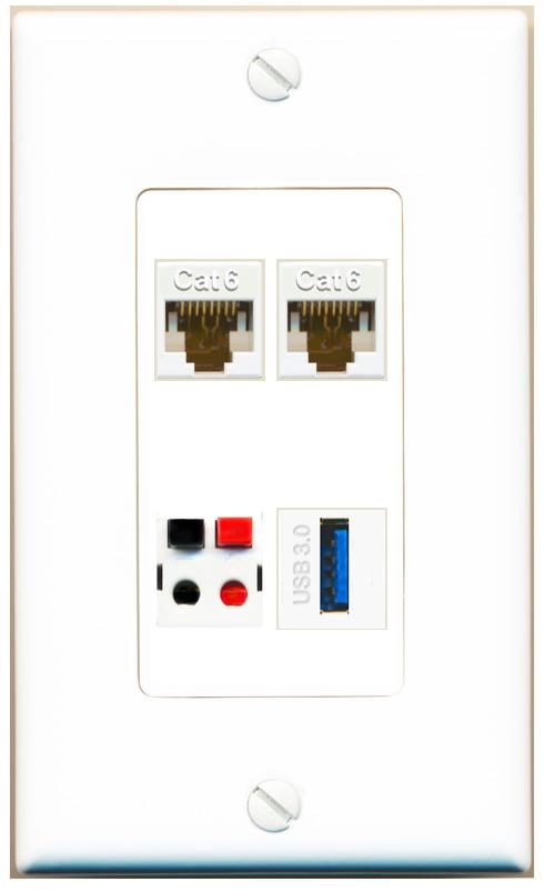 RiteAV 2 CAT6 SPEAKER USB-3 Wall Plate [White]