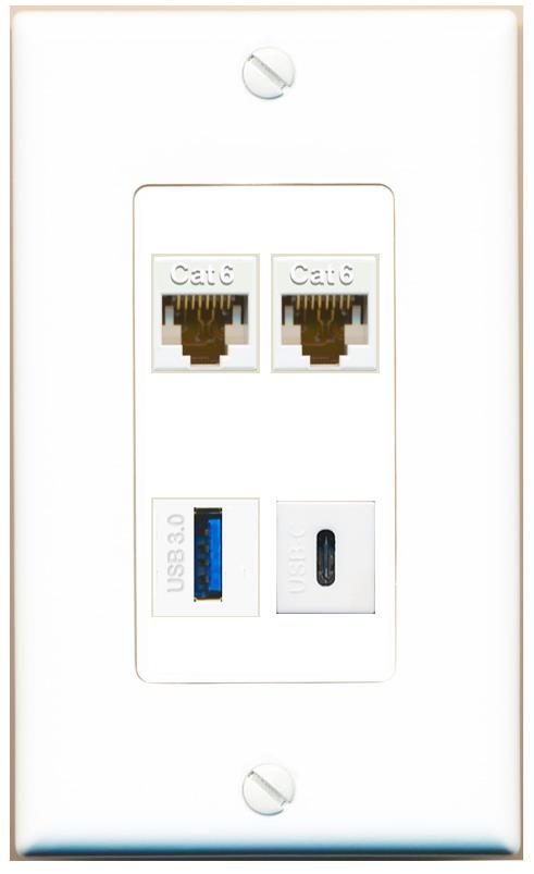 RiteAV 2 CAT6 USB-3 USBC Wall Plate [White]