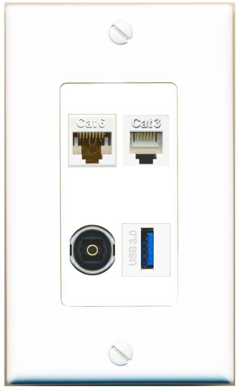 RiteAV CAT6 PHONE TOSLINK USB-3 Wall Plate [White]