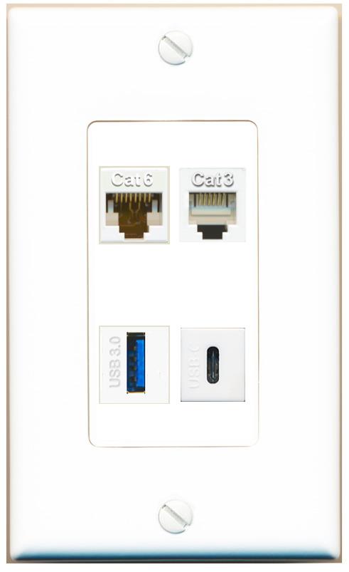 RiteAV CAT6 PHONE USB-3 USBC Wall Plate [White]