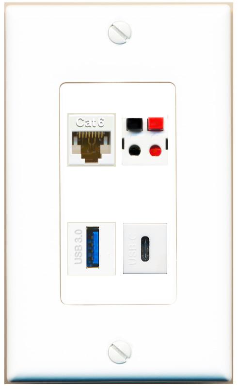 RiteAV CAT6 SPEAKER USB-3 USBC Wall Plate [White]