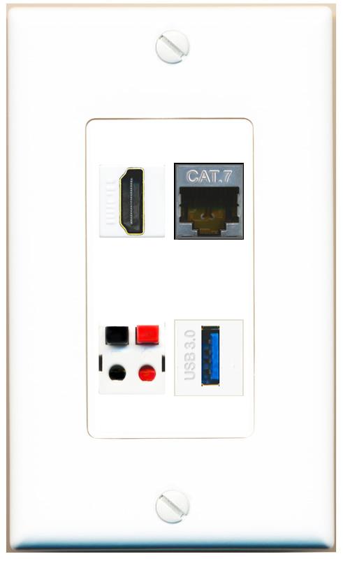 RiteAV CAT7 HDMI SPEAKER USB-3 Wall Plate [White]