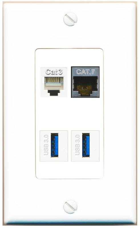 RiteAV CAT7 PHONE 2 USB-3 Wall Plate [White]