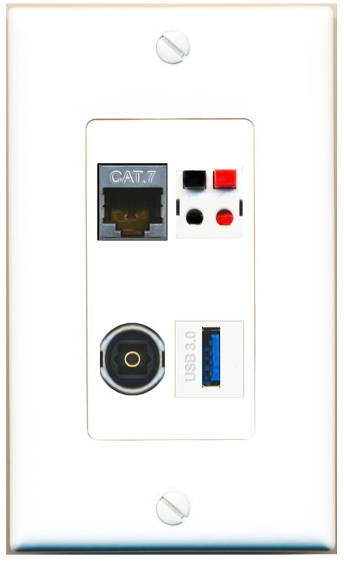 RiteAV CAT7 SPEAKER TOSLINK USB-3 Wall Plate [White]