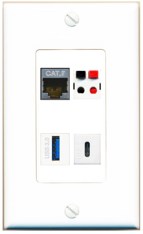 RiteAV CAT7 SPEAKER USB-3 USBC Wall Plate [White]