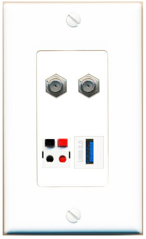 RiteAV 2 COAX SPEAKER USB-3 Wall Plate [White]