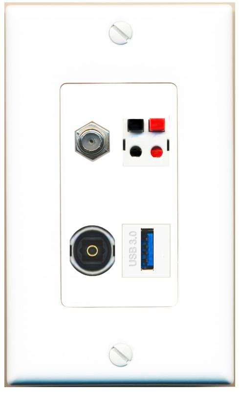 RiteAV COAX SPEAKER TOSLINK USB-3 Wall Plate [White]