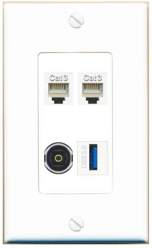 RiteAV 2 PHONE TOSLINK USB-3 Wall Plate [White]