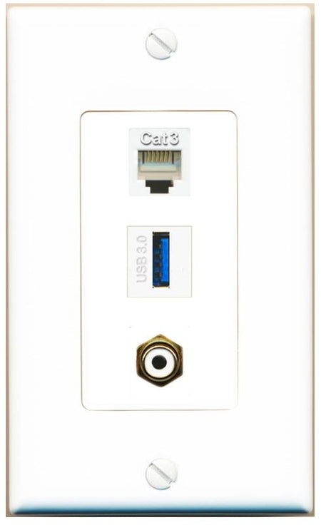 PHONE RCA-WHITE USB-3 Wall Plate [White]