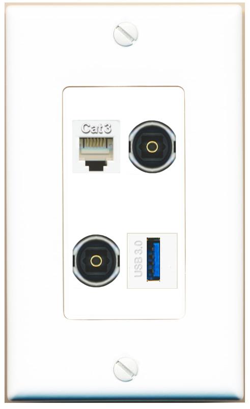 RiteAV PHONE 2 TOSLINK USB-3 Wall Plate [White]