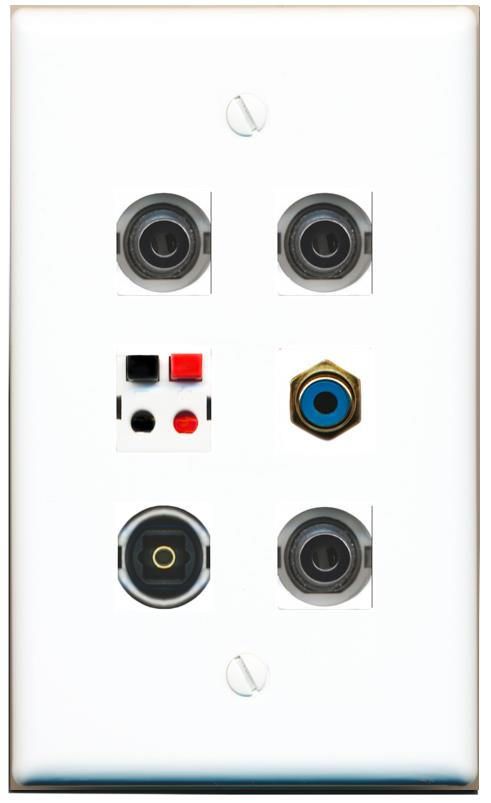  3 3.5mm RCA-BLUE SPEAKER TOSLINK Flat/Solid Wall Plate [White]