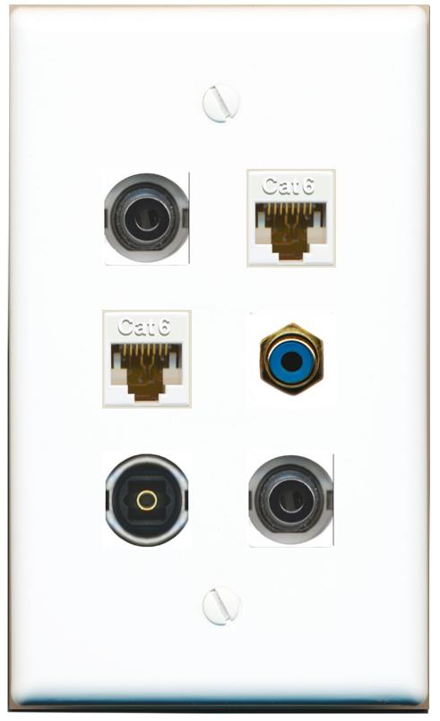  2 3.5mm 2 CAT6 RCA-BLUE TOSLINK Flat/Solid Wall Plate [White]