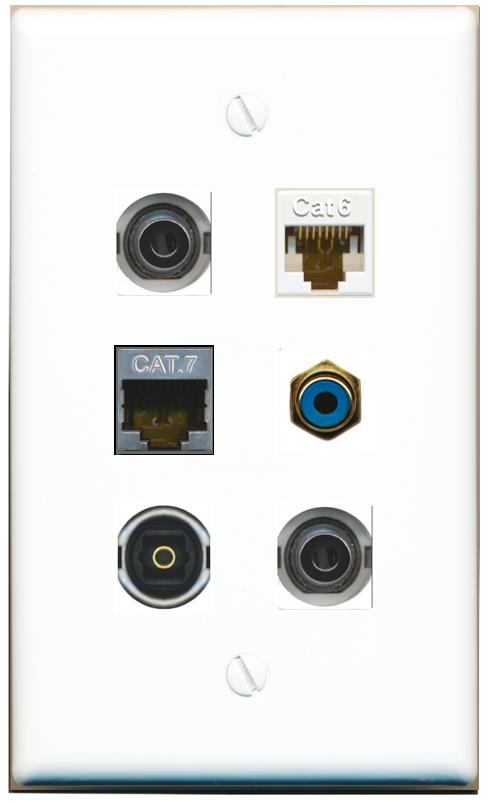  2 3.5mm CAT6 CAT7 RCA-BLUE TOSLINK Flat/Solid Wall Plate [White]