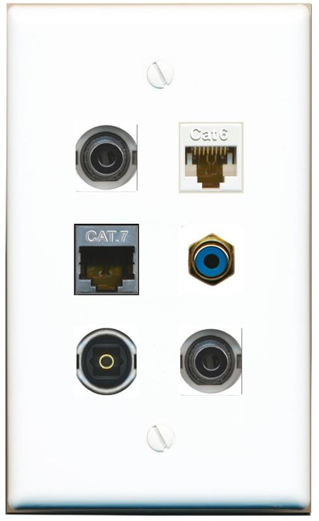  2 3.5mm CAT6 CAT7 RCA-BLUE TOSLINK Flat/Solid Wall Plate [White]
