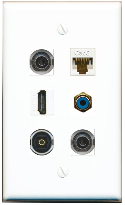  2 3.5mm CAT6 HDMI RCA-BLUE TOSLINK Flat/Solid Wall Plate [White]