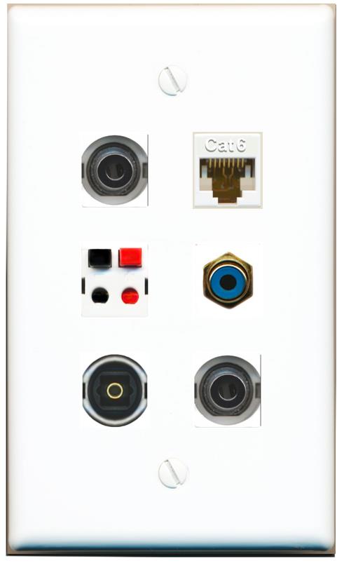  2 3.5mm CAT6 RCA-BLUE SPEAKER TOSLINK Flat/Solid Wall Plate [White]