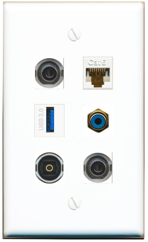  2 3.5mm CAT6 RCA-BLUE TOSLINK USB-3 Flat/Solid Wall Plate [White]