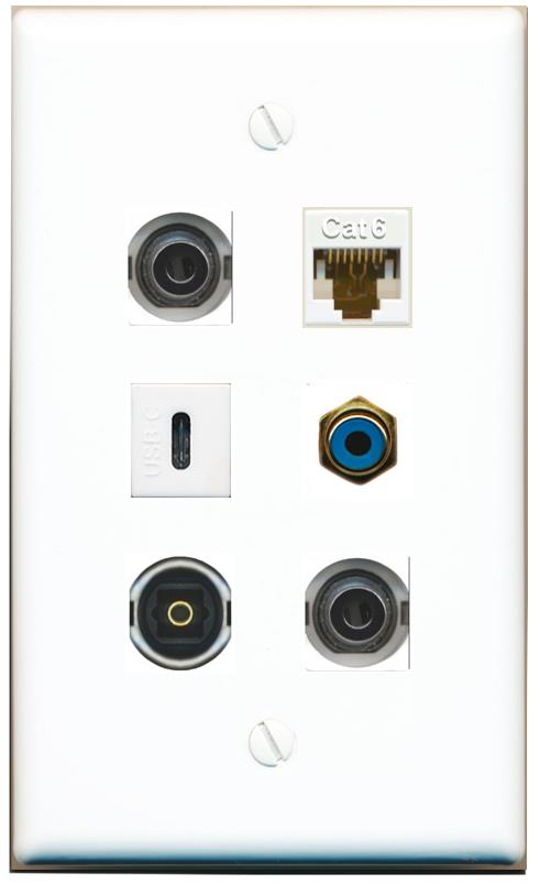  2 3.5mm CAT6 RCA-BLUE TOSLINK USBC Flat/Solid Wall Plate [White]