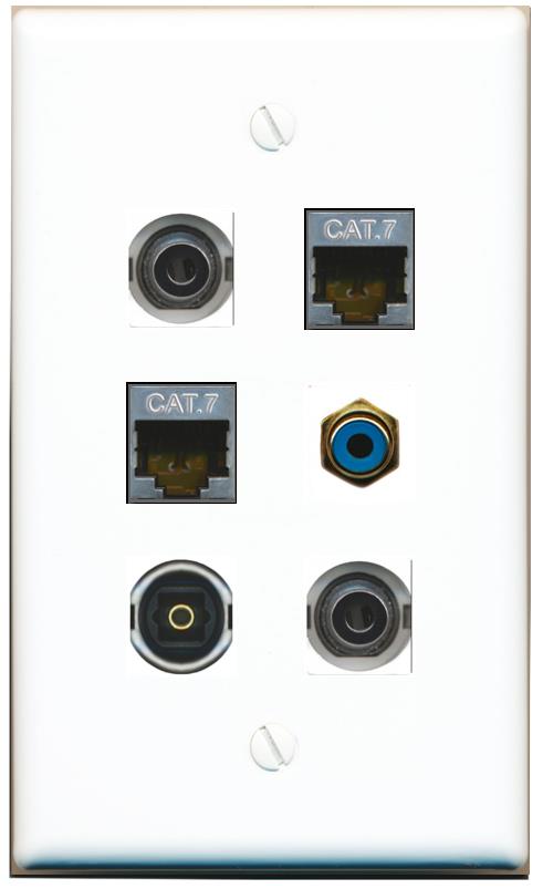  2 3.5mm 2 CAT7 RCA-BLUE TOSLINK Flat/Solid Wall Plate [White]