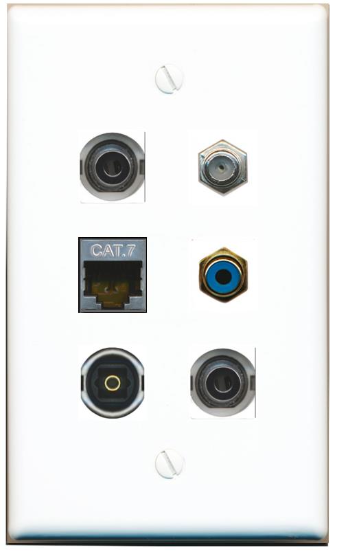  2 3.5mm CAT7 COAX RCA-BLUE TOSLINK Flat/Solid Wall Plate [White]