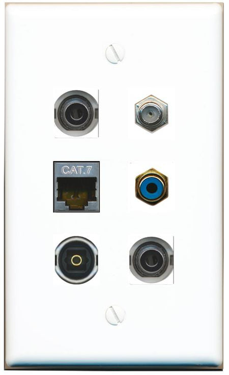  2 3.5mm CAT7 COAX RCA-BLUE TOSLINK Flat/Solid Wall Plate [White]