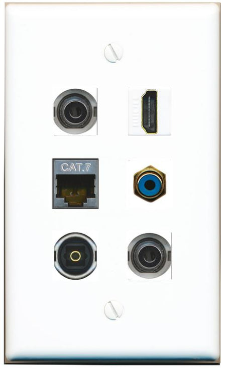  2 3.5mm CAT7 HDMI RCA-BLUE TOSLINK Flat/Solid Wall Plate [White]