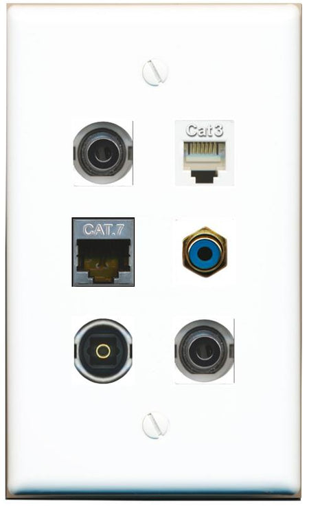  2 3.5mm CAT7 PHONE RCA-BLUE TOSLINK Flat/Solid Wall Plate [White]