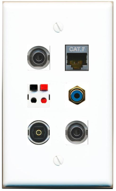  2 3.5mm CAT7 RCA-BLUE SPEAKER TOSLINK Flat/Solid Wall Plate [White]