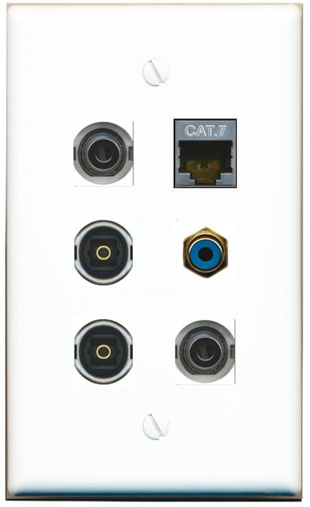  2 3.5mm CAT7 RCA-BLUE 2 TOSLINK Flat/Solid Wall Plate [White]