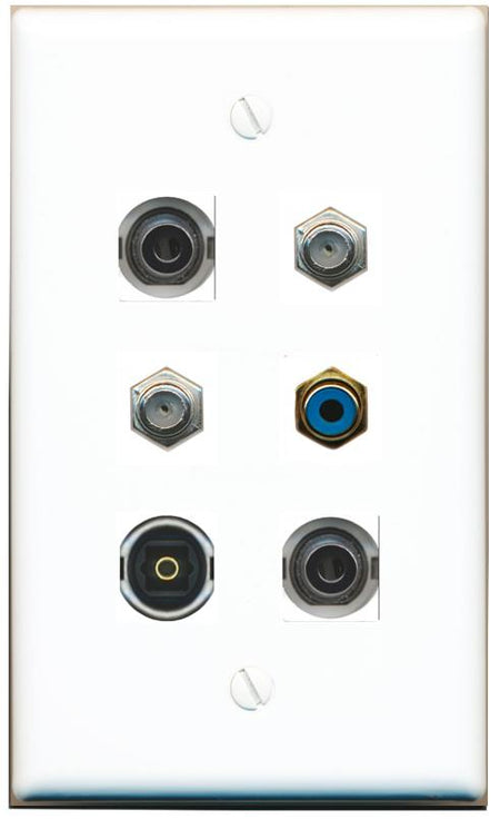  2 3.5mm 2 COAX RCA-BLUE TOSLINK Flat/Solid Wall Plate [White]