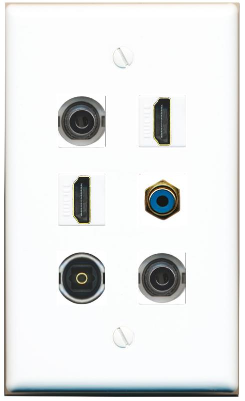  2 3.5mm 2 HDMI RCA-BLUE TOSLINK Flat/Solid Wall Plate [White]