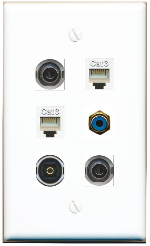  2 3.5mm 2 PHONE RCA-BLUE TOSLINK Flat/Solid Wall Plate [White]