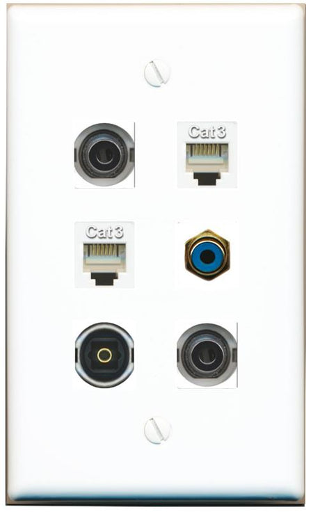 2 3.5mm 2 PHONE RCA-BLUE TOSLINK Flat/Solid Wall Plate [White]