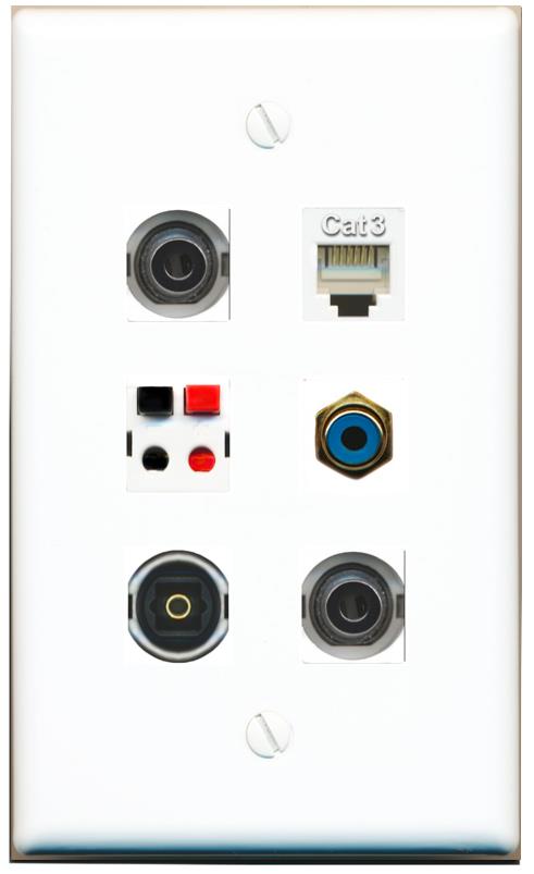  2 3.5mm PHONE RCA-BLUE SPEAKER TOSLINK Flat/Solid Wall Plate [White]