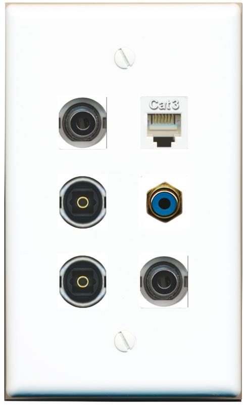  2 3.5mm PHONE RCA-BLUE 2 TOSLINK Flat/Solid Wall Plate [White]