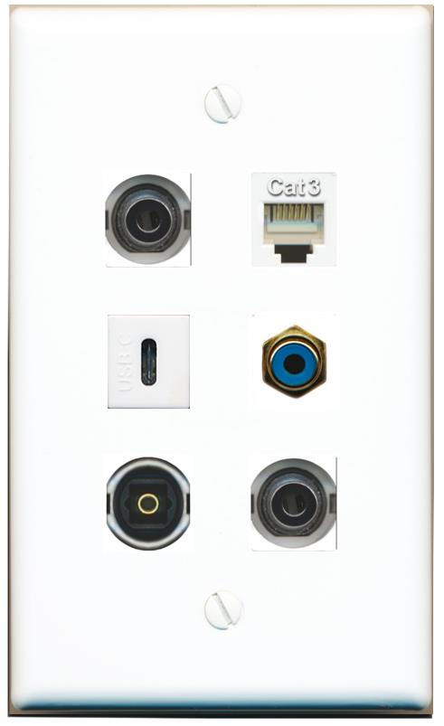  2 3.5mm PHONE RCA-BLUE TOSLINK USBC Flat/Solid Wall Plate [White]