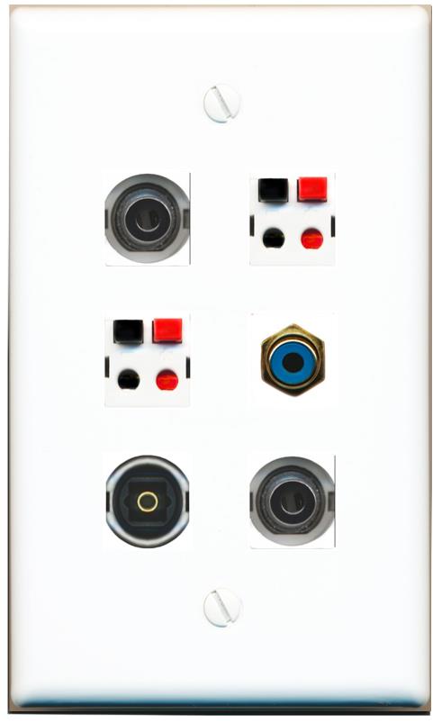  2 3.5mm RCA-BLUE 2 SPEAKER TOSLINK Flat/Solid Wall Plate [White]