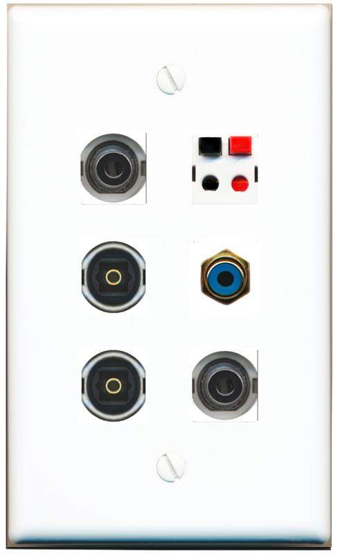  2 3.5mm RCA-BLUE SPEAKER 2 TOSLINK Flat/Solid Wall Plate [White]