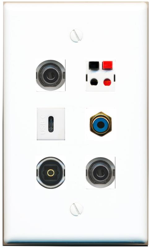  2 3.5mm RCA-BLUE SPEAKER TOSLINK USBC Flat/Solid Wall Plate [White]