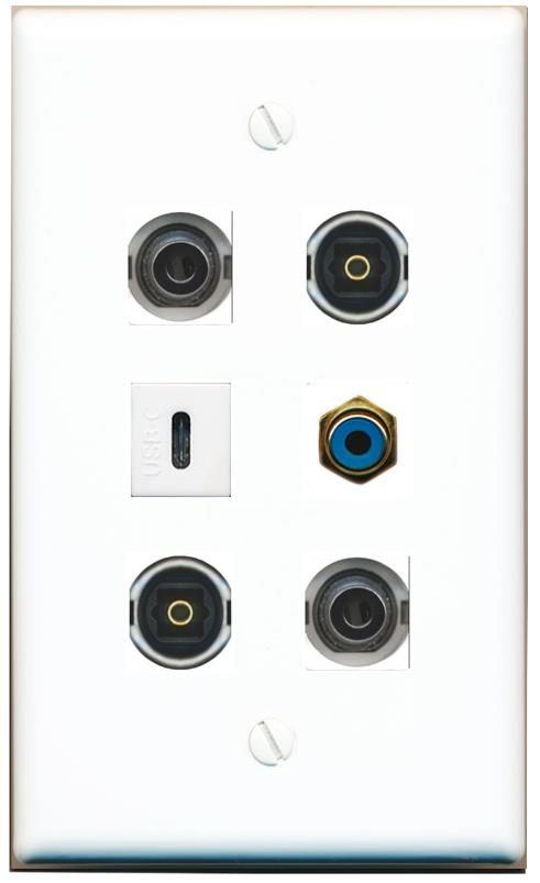  2 3.5mm RCA-BLUE 2 TOSLINK USBC Flat/Solid Wall Plate [White]