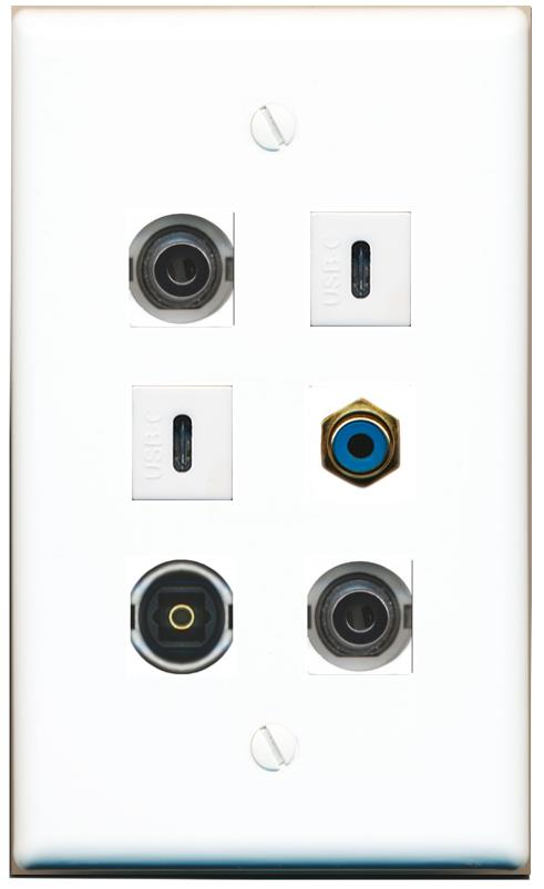  2 3.5mm RCA-BLUE TOSLINK 2 USBC Flat/Solid Wall Plate [White]