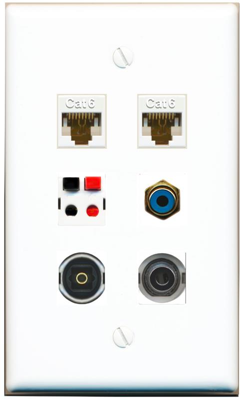  3.5mm 2 CAT6 RCA-BLUE SPEAKER TOSLINK Flat/Solid Wall Plate [White]