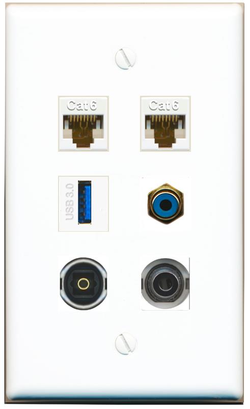  3.5mm 2 CAT6 RCA-BLUE TOSLINK USB-3 Flat/Solid Wall Plate [White]