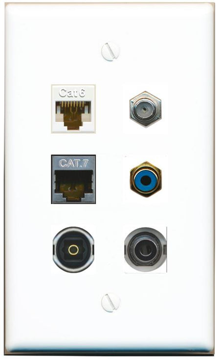  3.5mm CAT6 CAT7 COAX RCA-BLUE TOSLINK Flat/Solid Wall Plate [White]