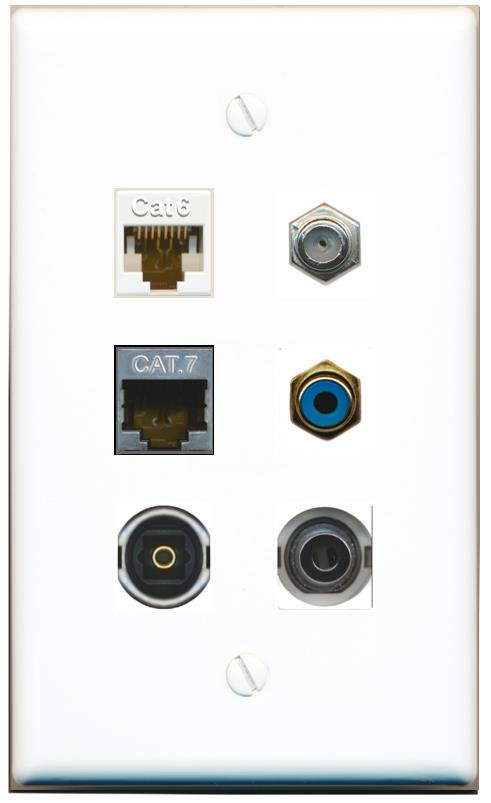  3.5mm CAT6 CAT7 COAX RCA-BLUE TOSLINK Flat/Solid Wall Plate [White]