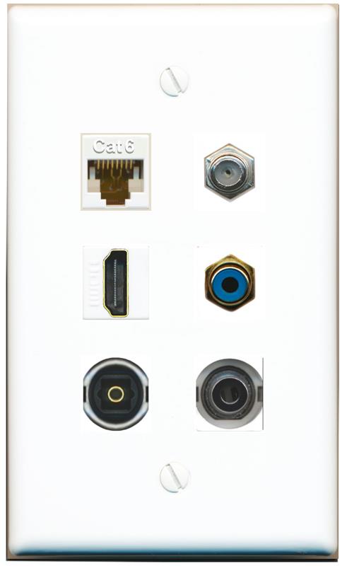  3.5mm CAT6 COAX HDMI RCA-BLUE TOSLINK Flat/Solid Wall Plate [White]